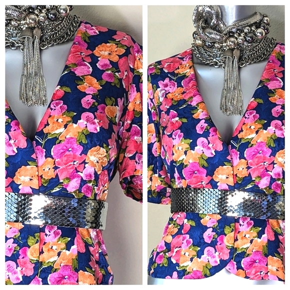 100% Silk Vibrant Bold Floral Print "Papell" Cropped Blouse Blazer - Picture 9 of 15
